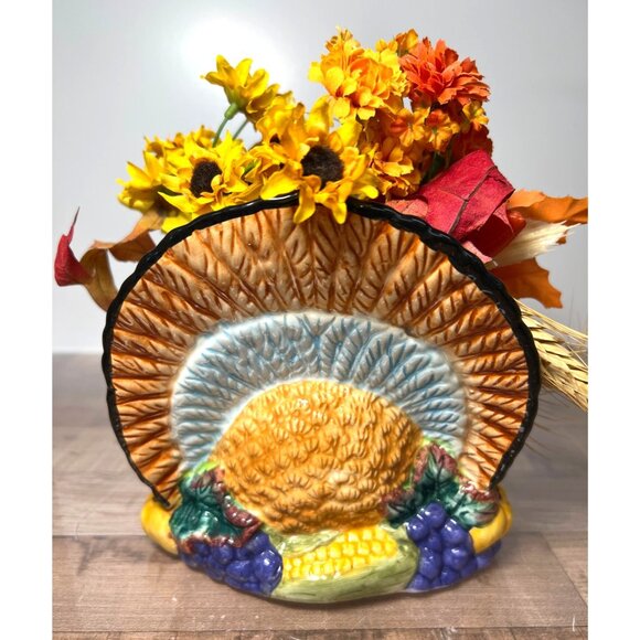 Ceramic Turkey Centerpiece With Faux Flowers & Gourds - Picture 4 of 4